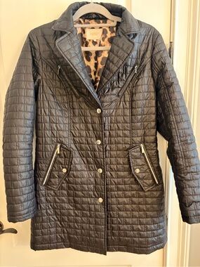 Laundry by Shelli Segal Black Quilted Coat Leopard Print Lining Size M a168